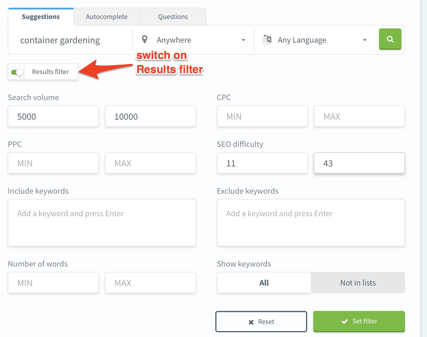 Results filter