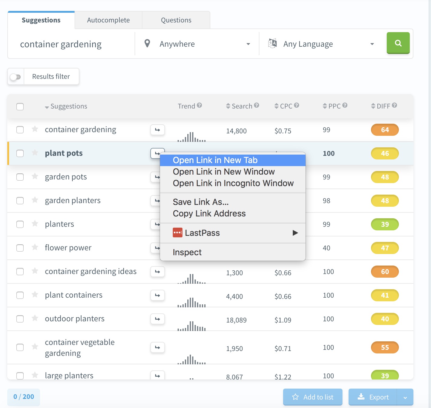 KWFinder compare keywords