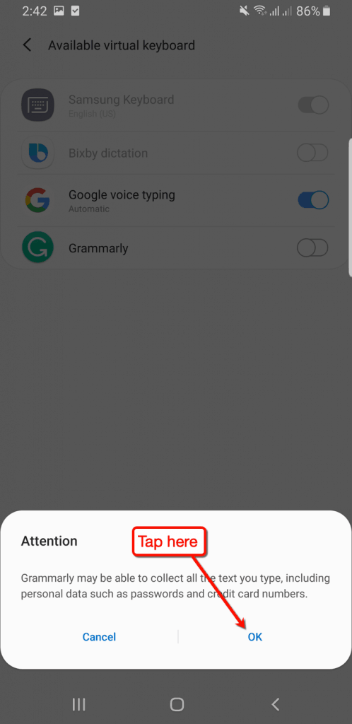 Grammarly Android Alert