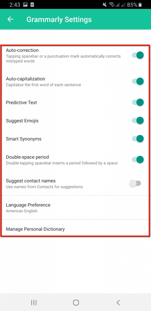 Grammarly Keyboard Settings