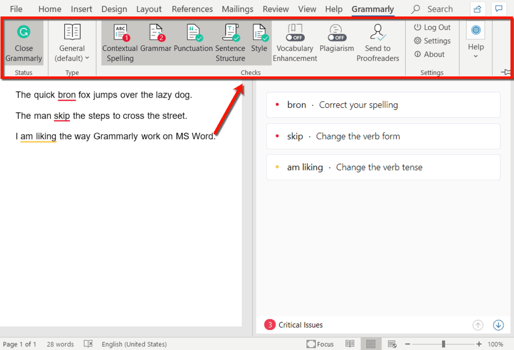 Grammarly Menu MS Word