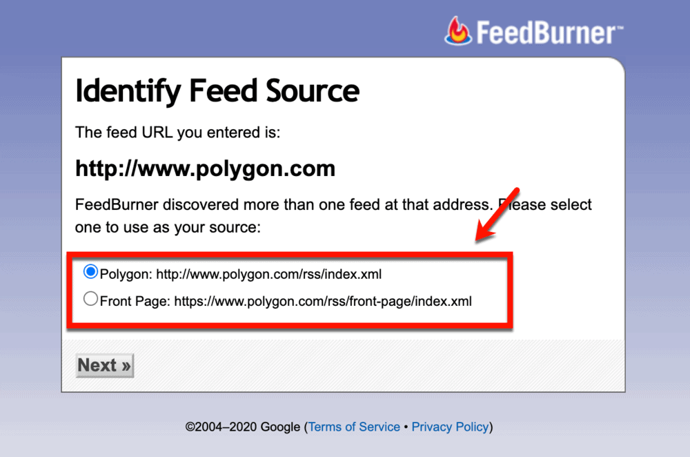 Polygon's RSS feed links via FeedBurner