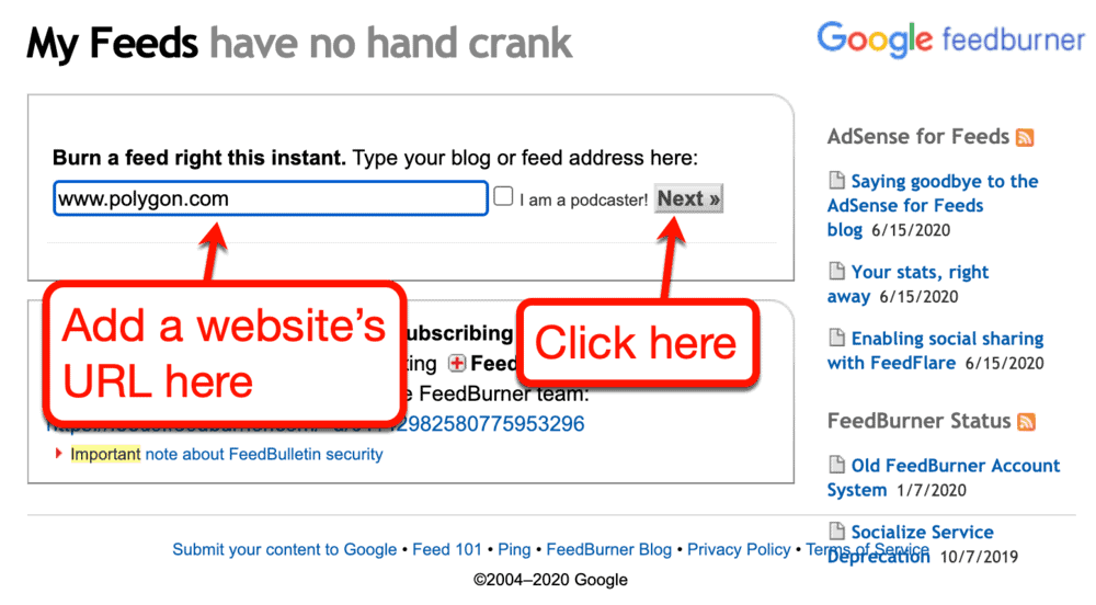 Adding Polygon's URL to Feedburner