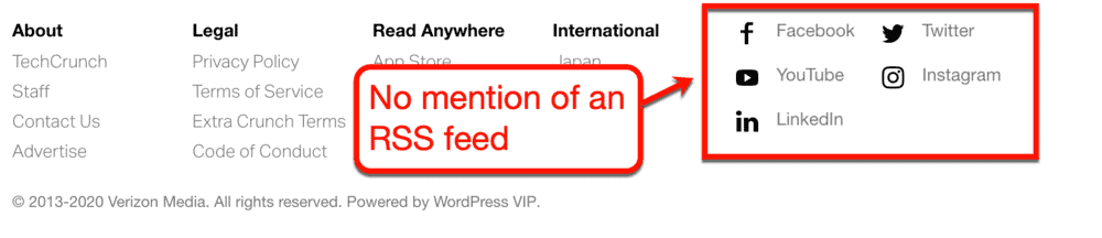No RSS button on TechCrunch
