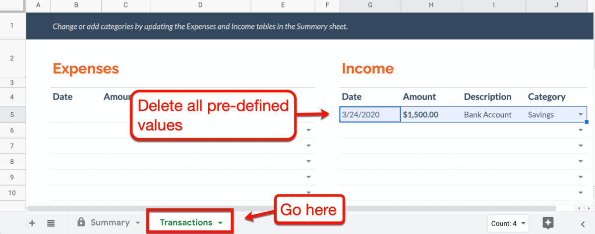 Deleting Predefined Transactions Google Sheets Budget Tracker