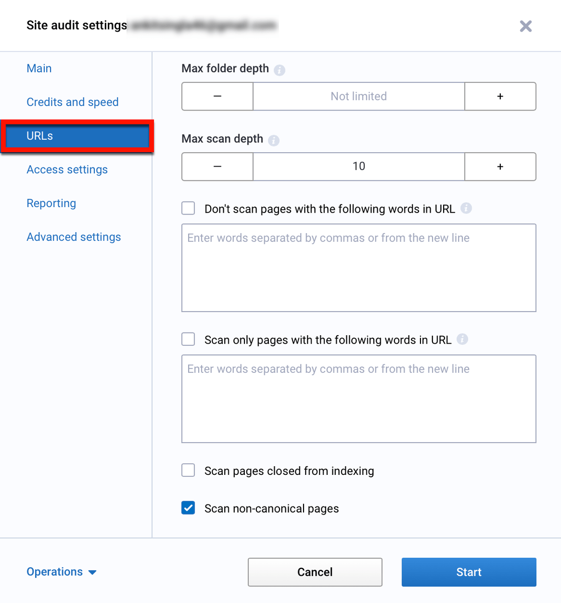 Site Audit URLs Settings Page