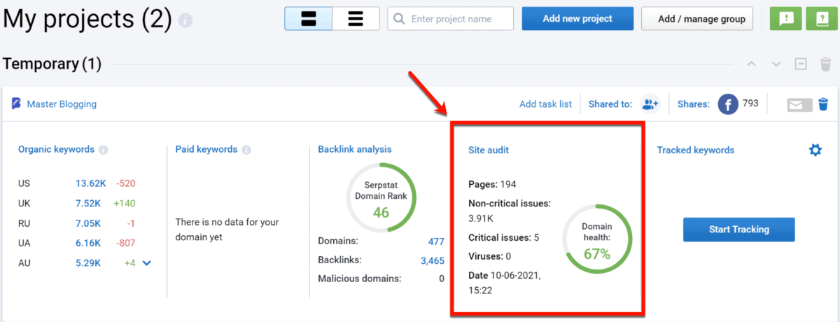 My Projects Audit Results View