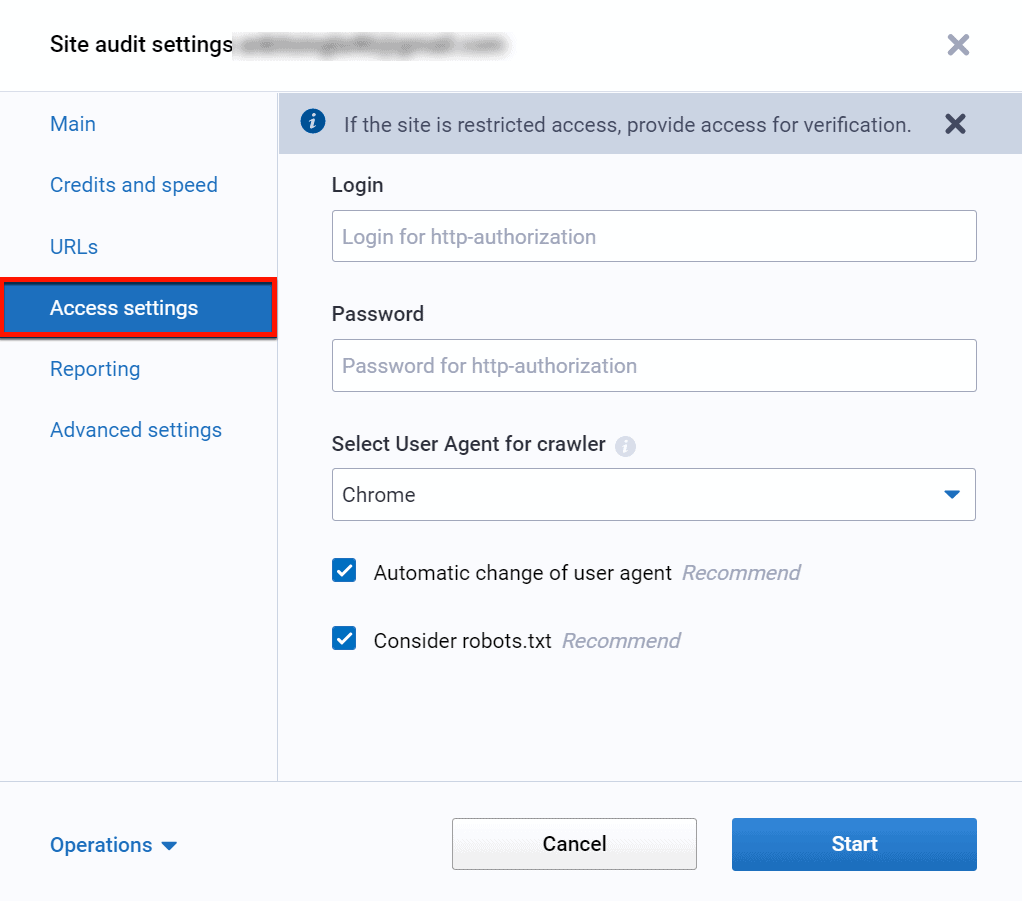 Site Audit Access Settings