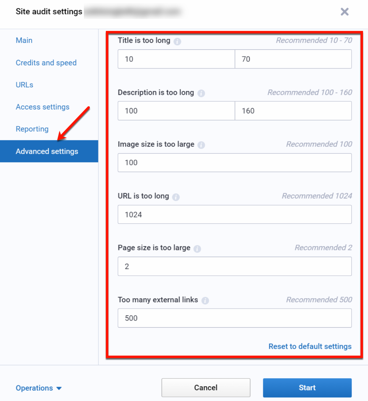 Site Audit Advanced Settings