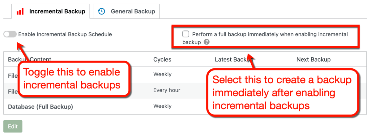 Incremental Backup Toggle