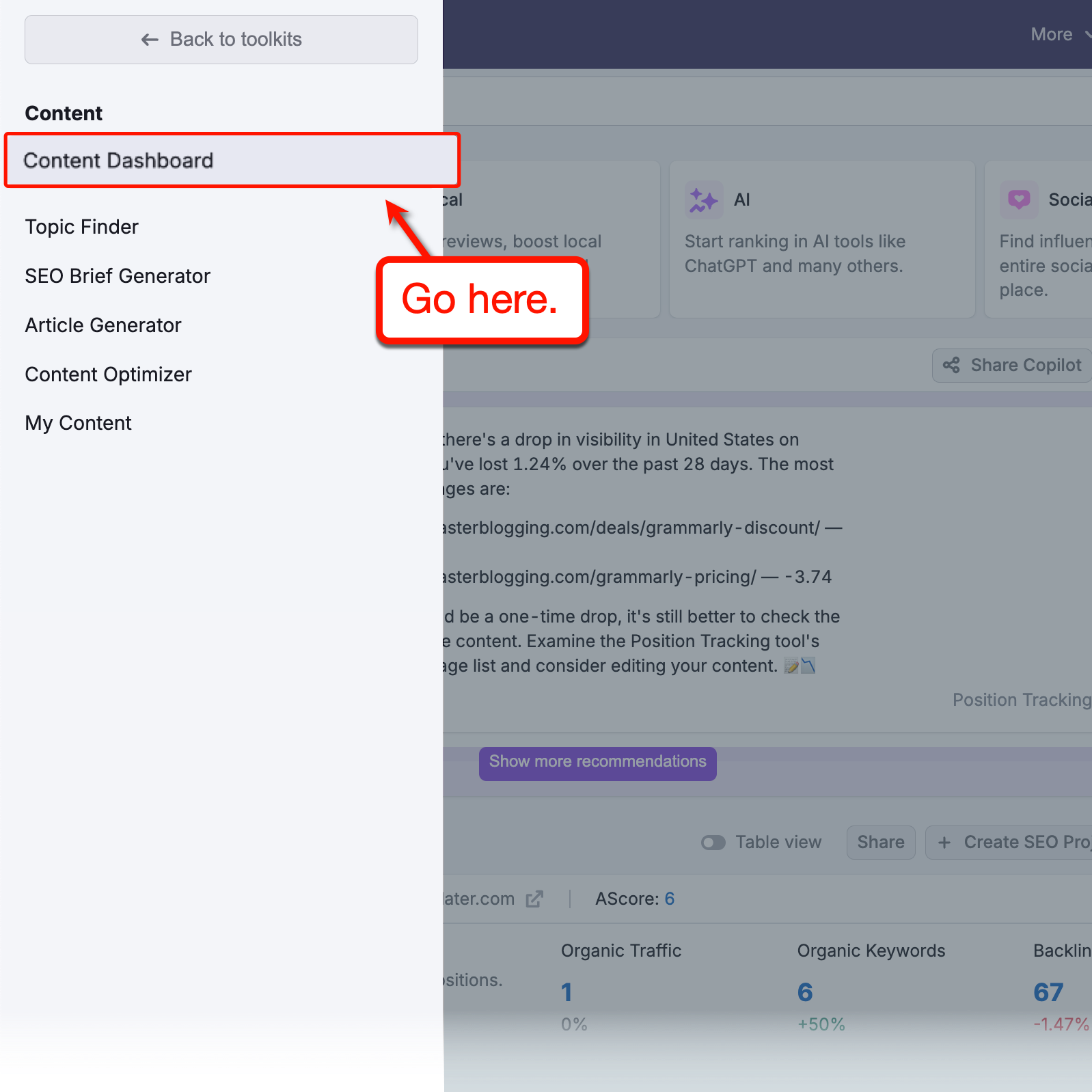 Content Dashboard Menu