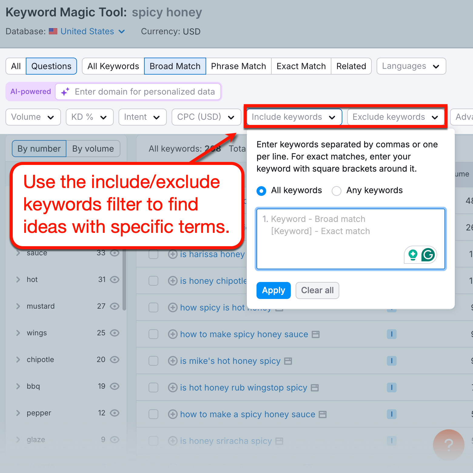 Keyword Filter Include and Exclude