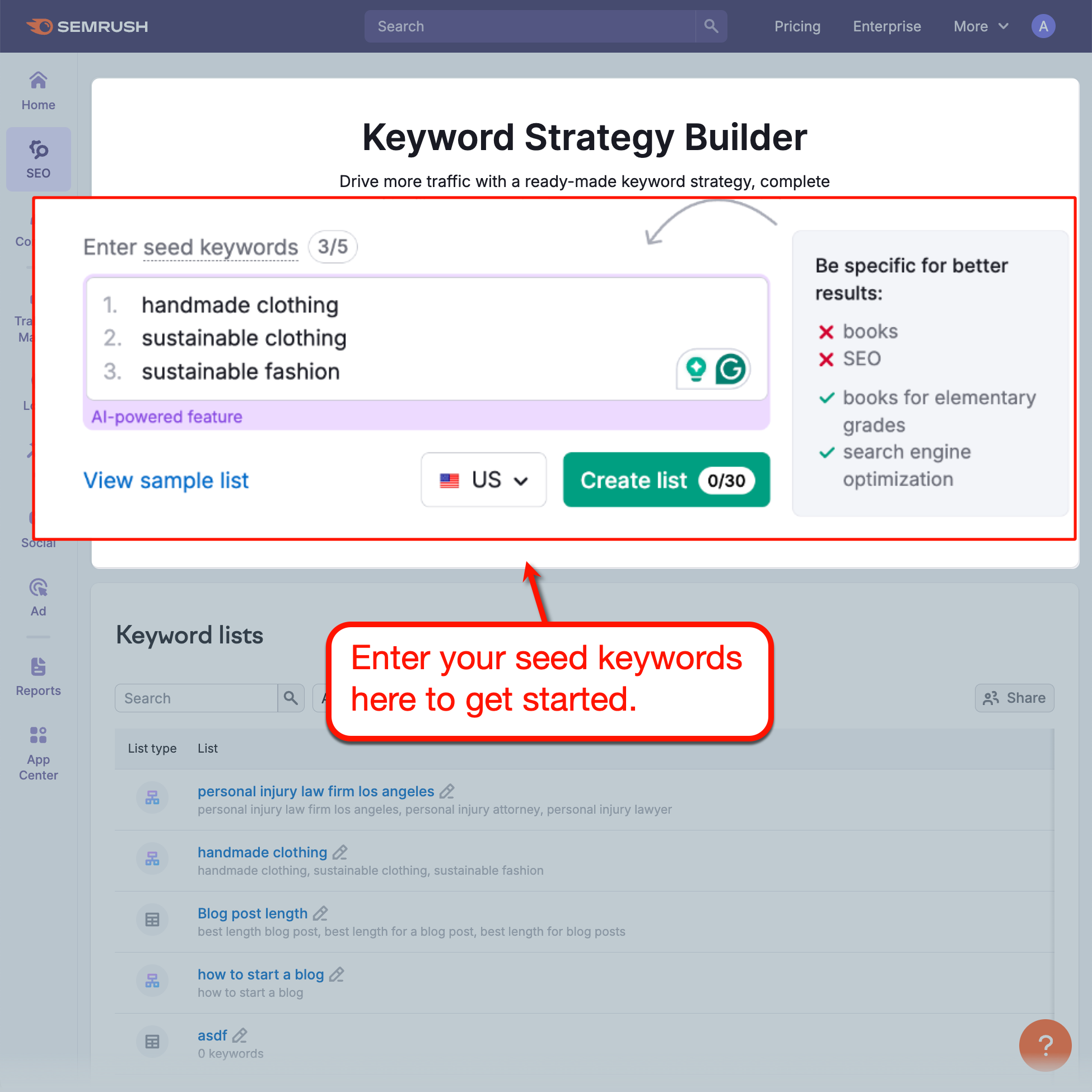 Keyword Strategy Builder Start Page