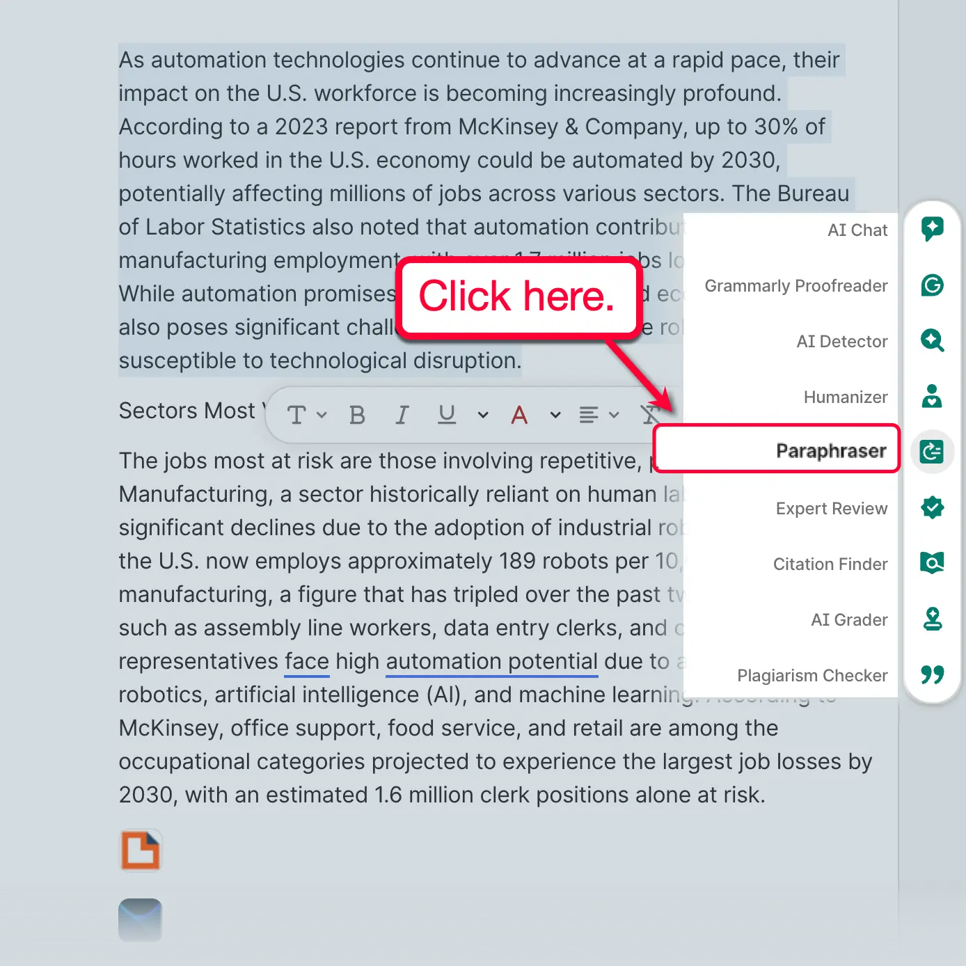 Paraphraser sidebar menu