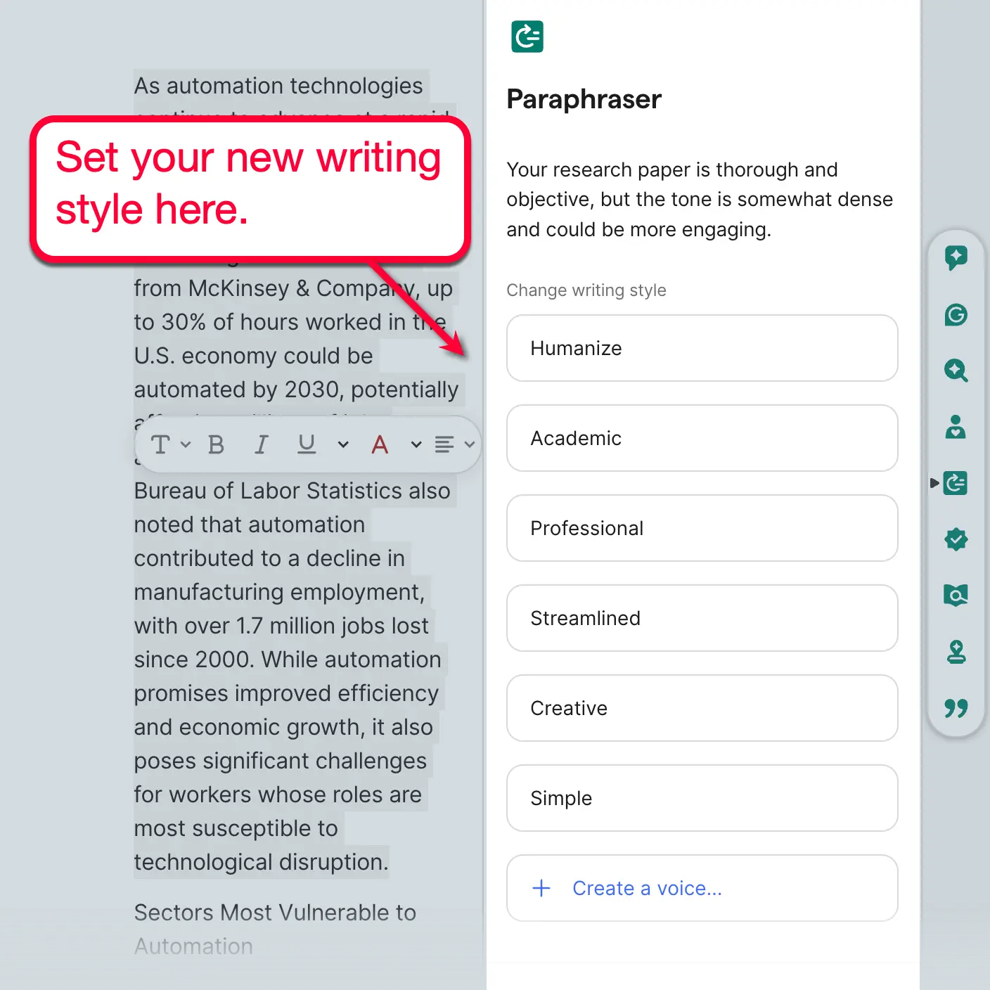 Paraphraser writing style menu