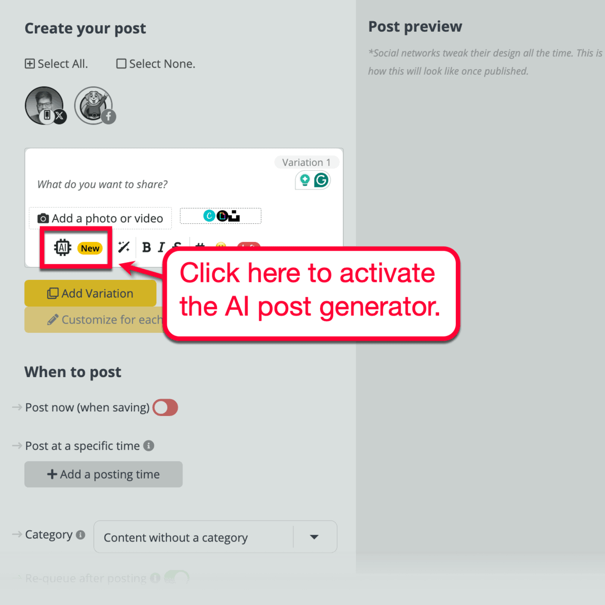AI 帖子生成器按钮