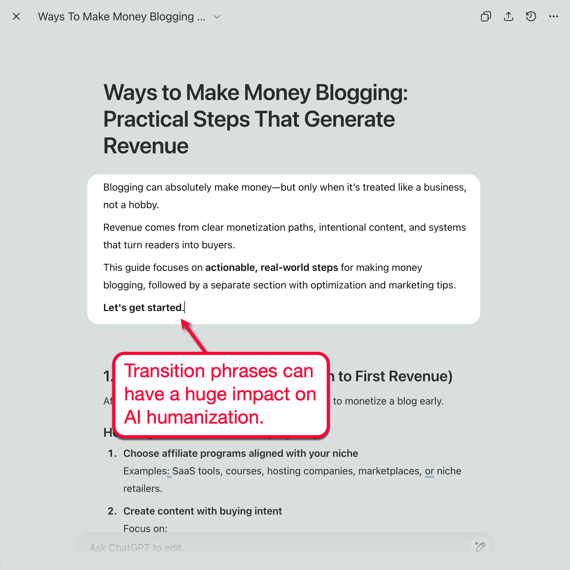 Adding Transition Phrase to AI Content