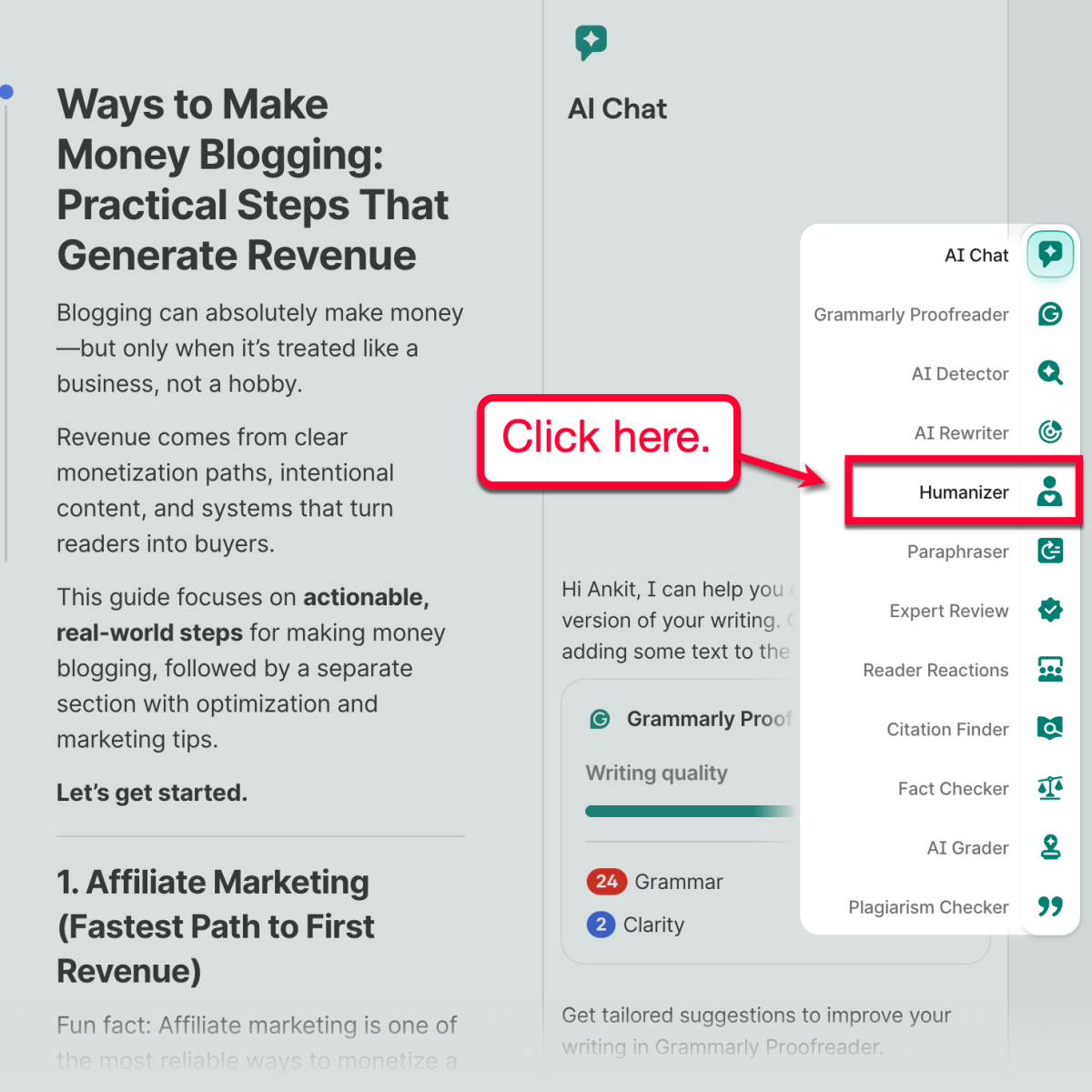 Grammarly Humanizer Menu