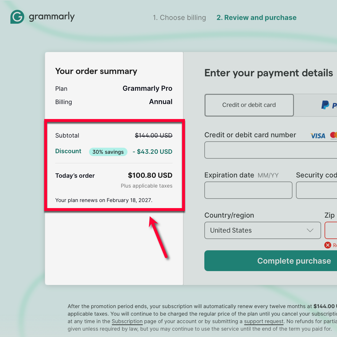 Grammarly Order Summary with Discount