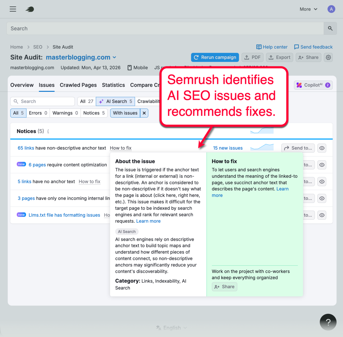 Semrush Site Audit Recommendations