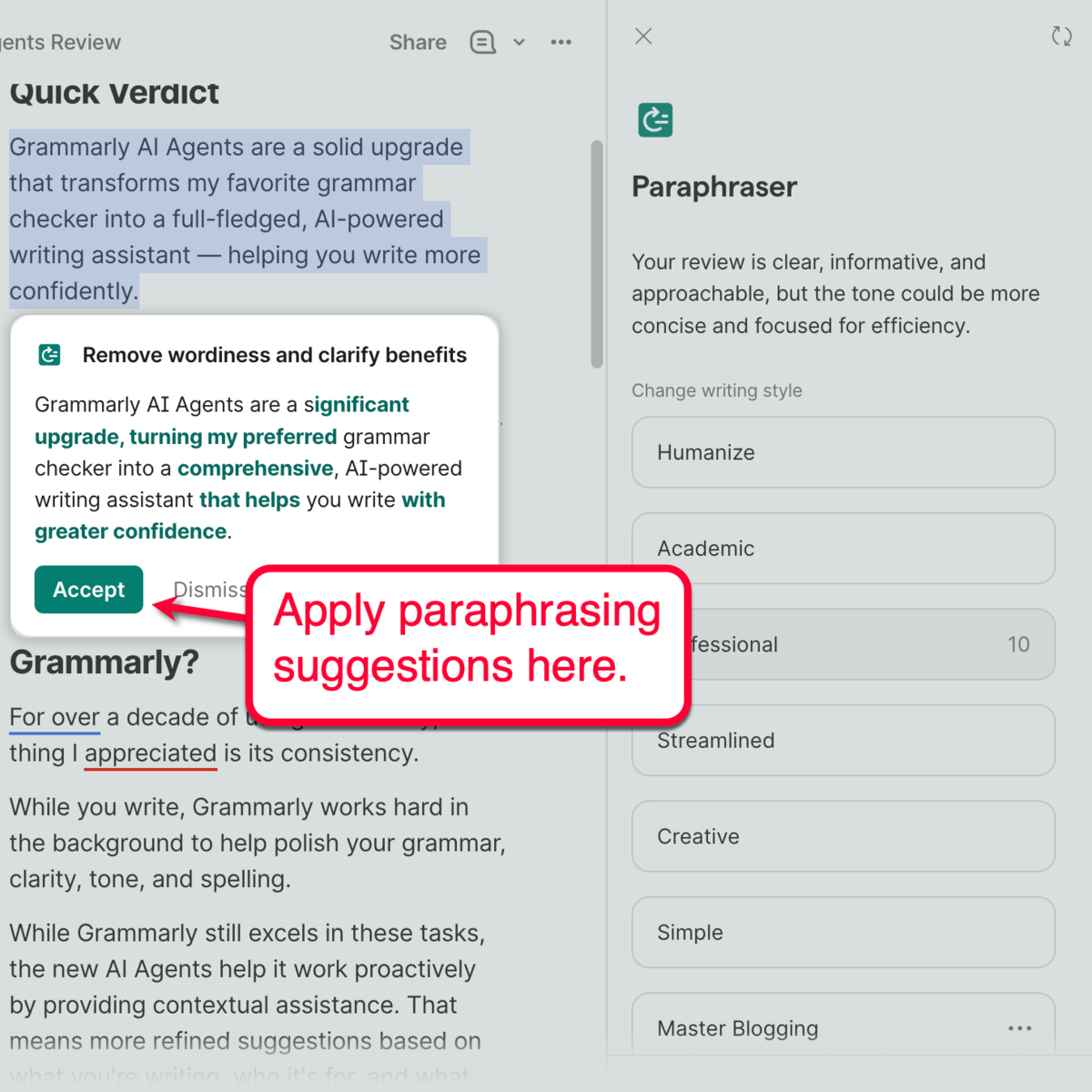 Paraphraser Apply Suggestion